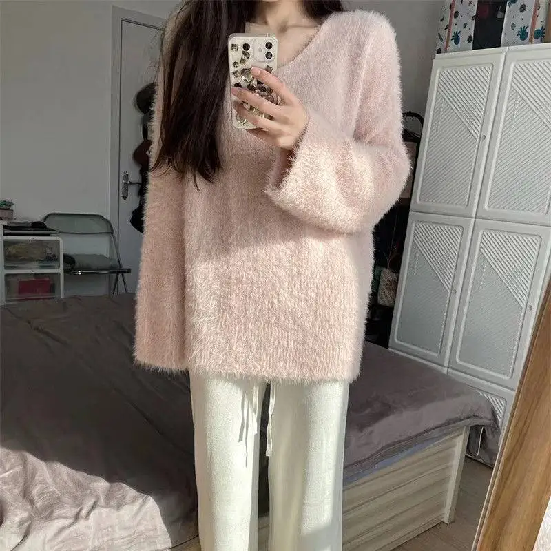 Korean Elegant Fashion Knitted Sweater Women\'s 2022 Autumn Winter New V Neck Loose Solid Color Pullover Sweater Bottoming Shirt