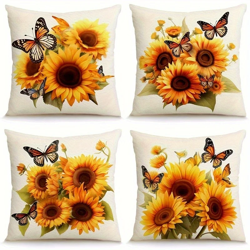4-piece Realistic Style Sunflower and Butterfly Pillowcase Set, Adding Vibrant Colors to Your Home, Single-sided Printed Sofa