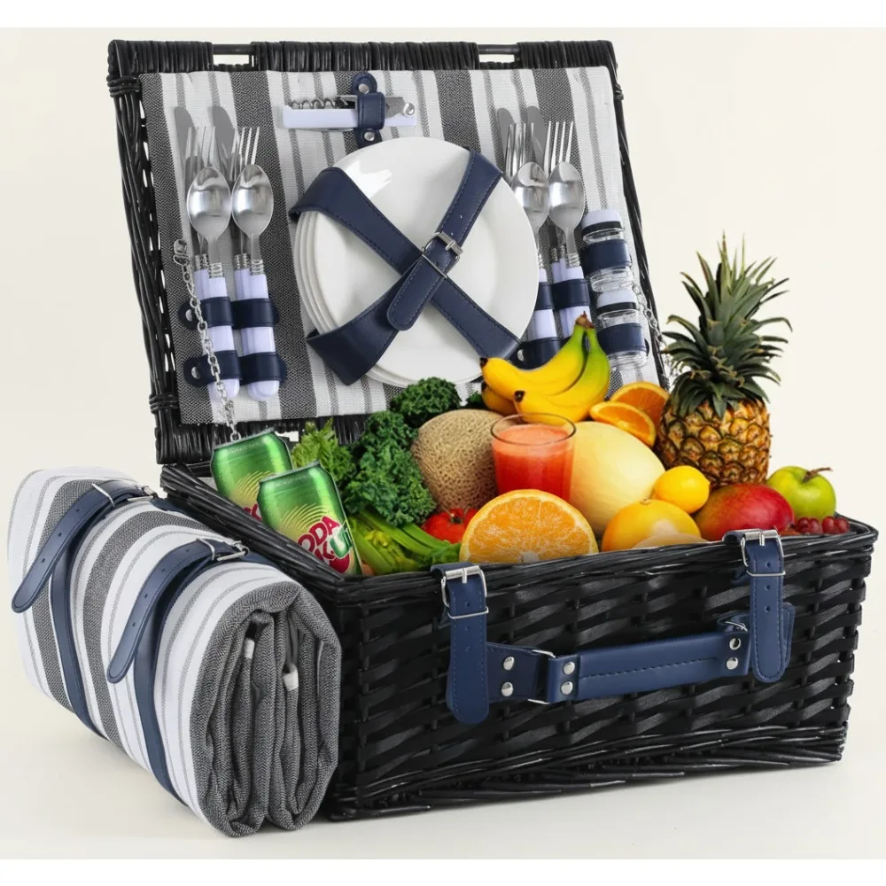 

Vintage Wicker Picnic Basket Set for 4 with Insulated Cooler & Waterproof Blanket - Perfect Camping, Beach, Wedding Gift