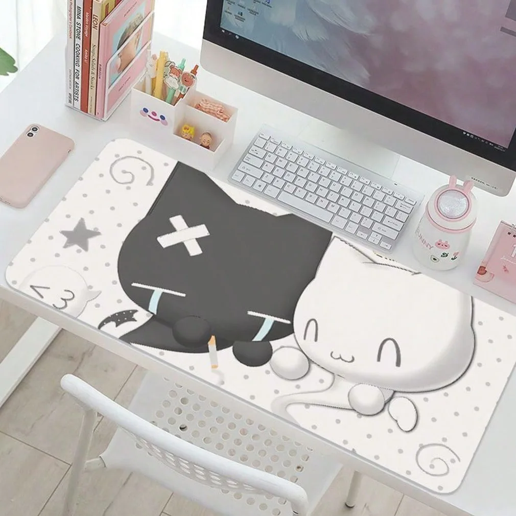 Polka Dots Black And White Kitten Lovely Girl Leather Desk Pad Protector Mouse Pad Office Desk Mat Non-Slip PU Desk Blotter Pad