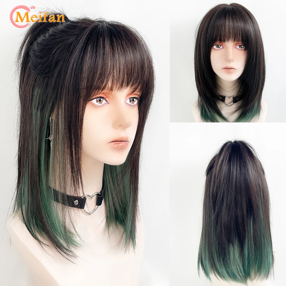 

MEIFAN Synthetic Green Black Purple Middle length Wig Straight Lolita Wigs Cosplay Wigs Heat Resistant Hair Anime Party Hair