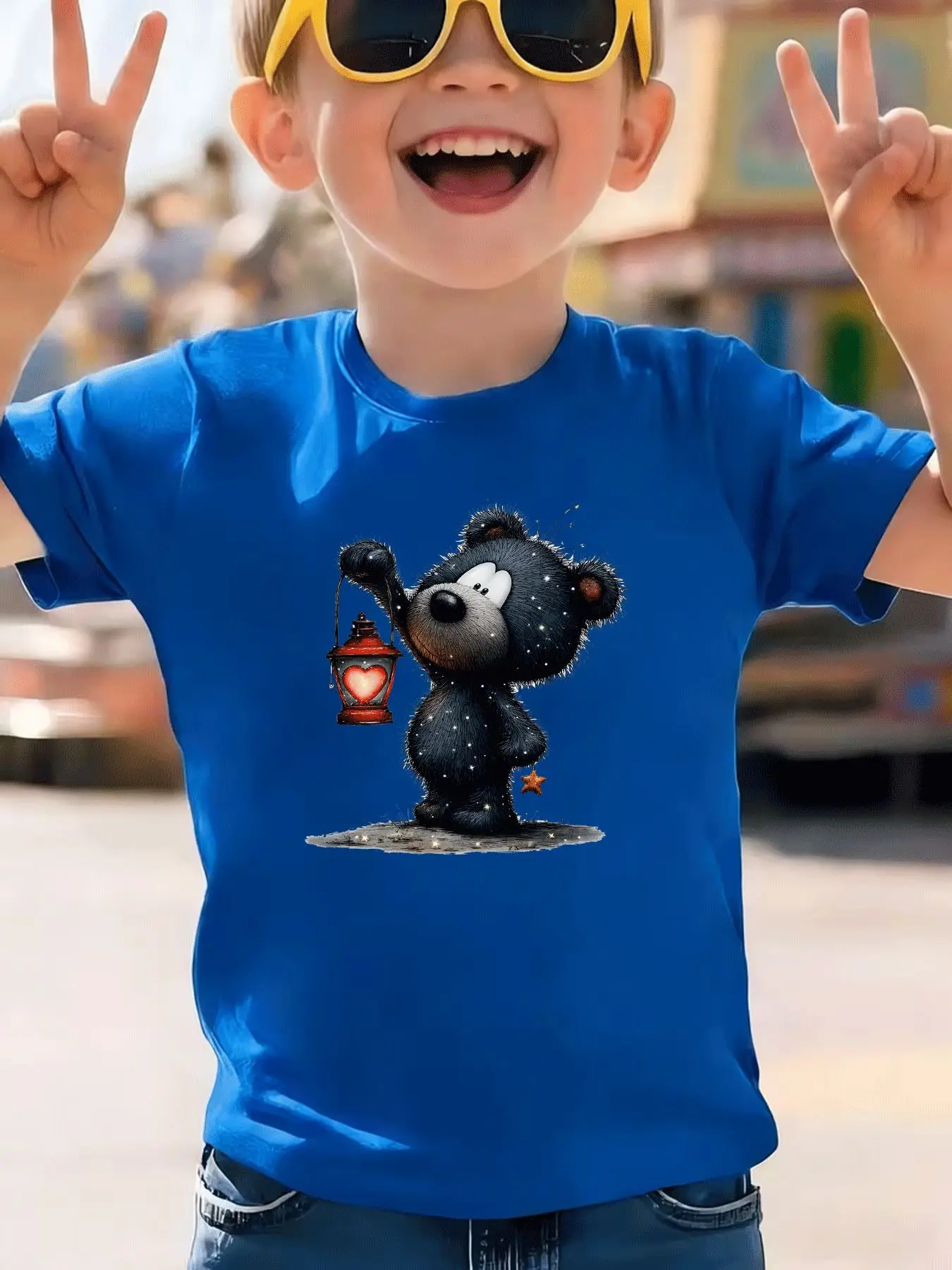 Children's Casual T-shirt Casual Trend Cute Cartoon Bear Love Lantern Star Pattern Daily Street Style Parent-child Outfit