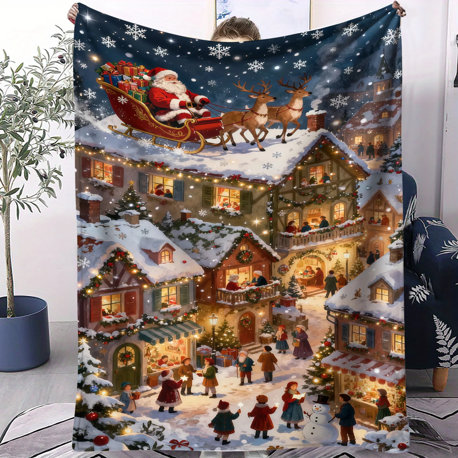 1 قطعة سانتا كلوز احتفالي الرنة المشهد الليلي الفانيلا رمي بطانية المحمولة خفيفة الوزن لينة ودافئة HD بطانية صوف مطبوعة