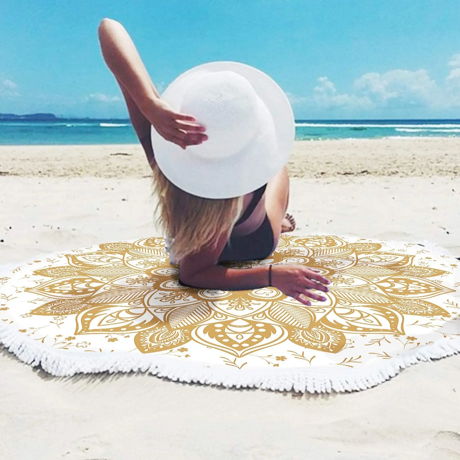 Oversized Round Gold Yellow Mandala Beach Towel, Microfiber Soft Sand Free Large Water Absorbent Beach Blanket with Tassels