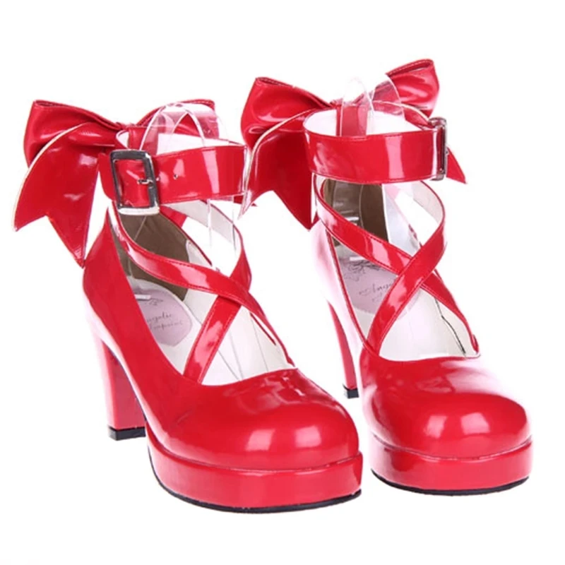 Gra Magic Madoka Cosplay Shoes Custom Lolita Costume Props Bow-knot Sandals PU Leather High Heel Princess Shoes for Women Girls