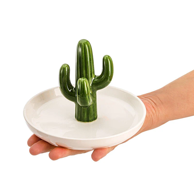 Stylish Unique Cactus Shaped Ceramic Jewelry Stand Ring Organizer Tray Ornament for Women Girls Gift Home