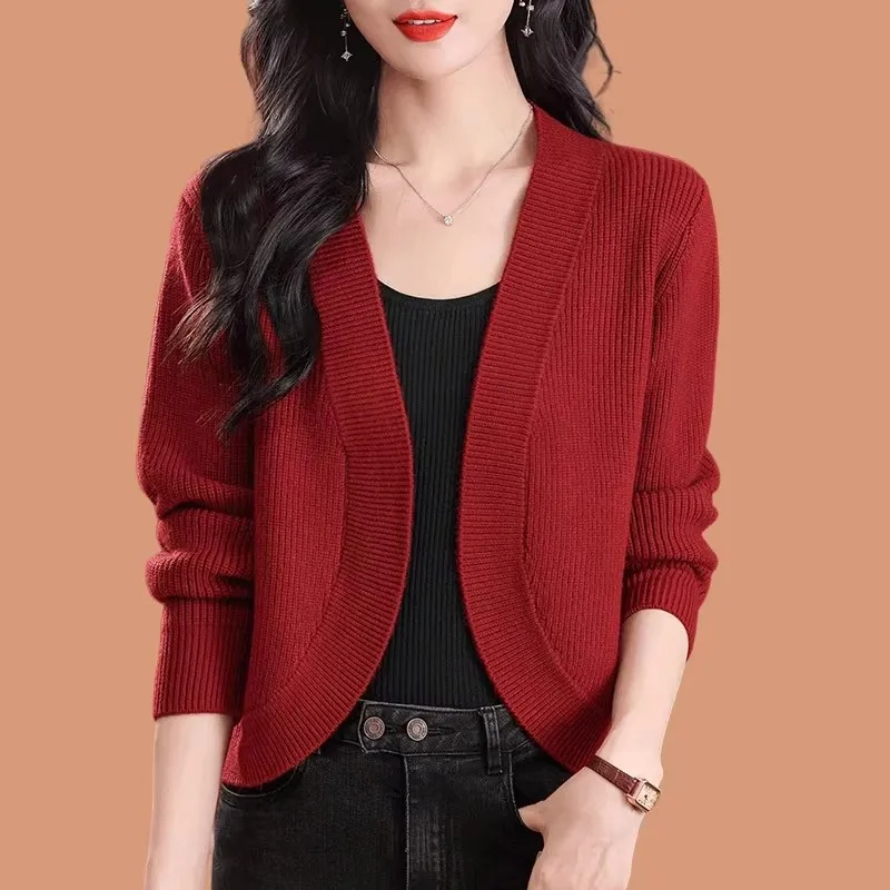 

New Spring And Autumn Solid Color Knitted Sweater Women Fashion V-Neck Knitwear Cardigan Loose Shawl Clothes Female Tops B1239