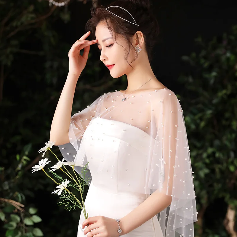 Stunning Pearls Wedding Wraps Soft Tulle Cut Edge High Low Dress Bolero Wedding Accessories chal de fiesta para boda