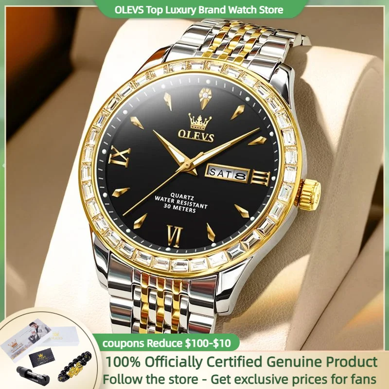 OLEVS Luxuy Brand Original Quartz Watch for Man Date Week Diamond Dial High Quality Stainless steel Strap Waterproof Wristwatch