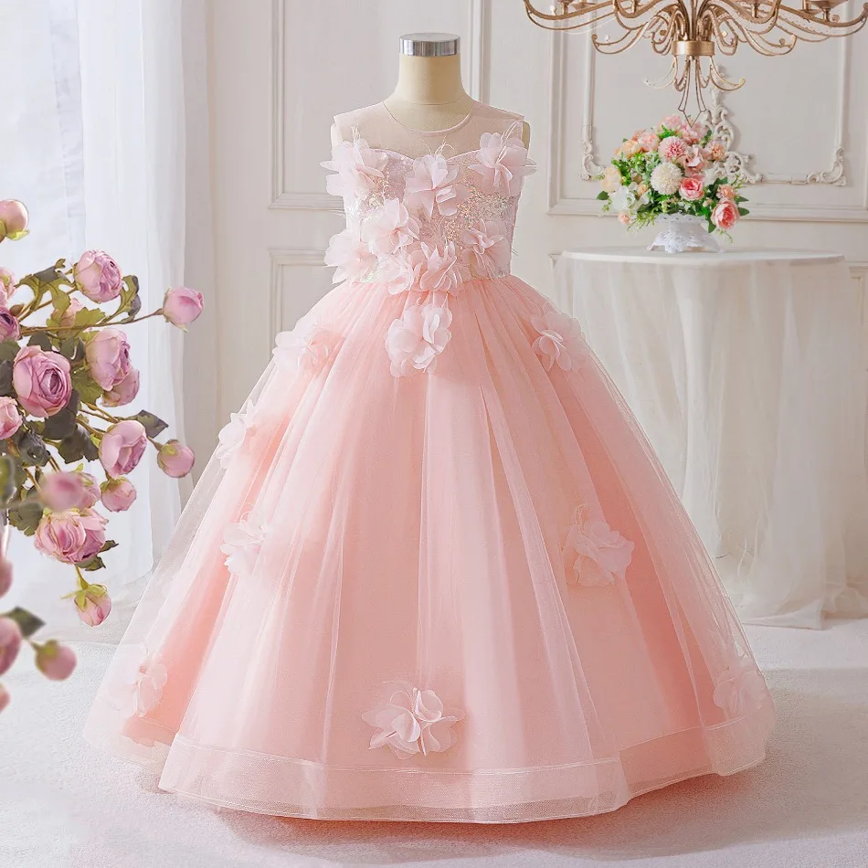 

New Girls Bow Dress Pink Flower Cute Princess Dress Little Girl Birthday Wedding Catwalk Children Piano Performance Dress ASQ03