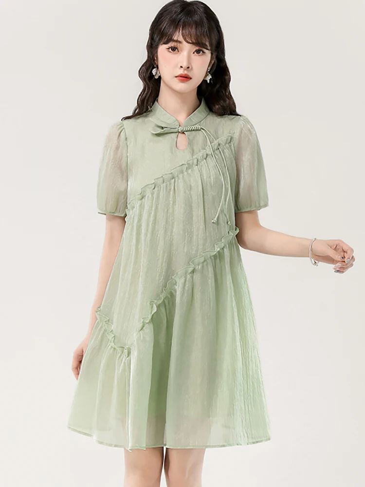 サマーグリーン半袖スタンドカラーミニドレス レディース エレガントカジュアル ラッフルドレス 2025 韓国ファッション ルーズウエスト プロムドレス
