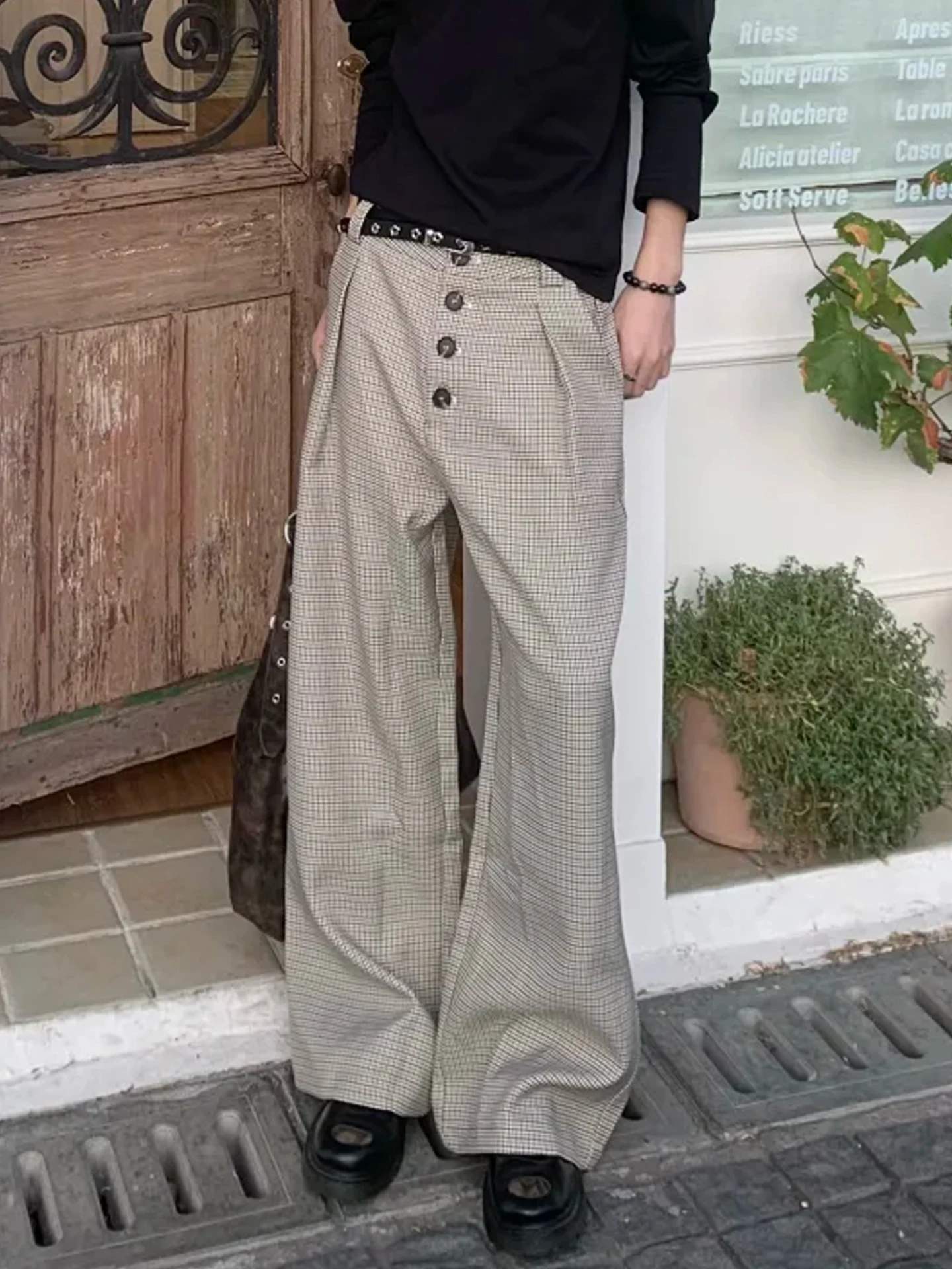 

Tartan Patterned Men's Loose Wide Leg Pants Buttoned Pleated CleanFit Commuter Sle Casual Faion Urban Teen Autumn Faion