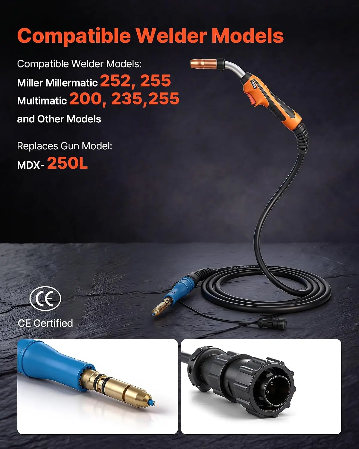 250A MIG Welding Gun with 15FT Cable, Replacement for Miller MDX-250 - with 11PCS Mig Welding Contact Tips
