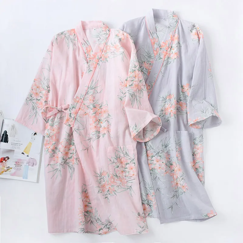 

Women's Summer Floral Sleeping Robe Cotton Crepe Robe Kimono Japanese Rope Bathrobe Home Clothing