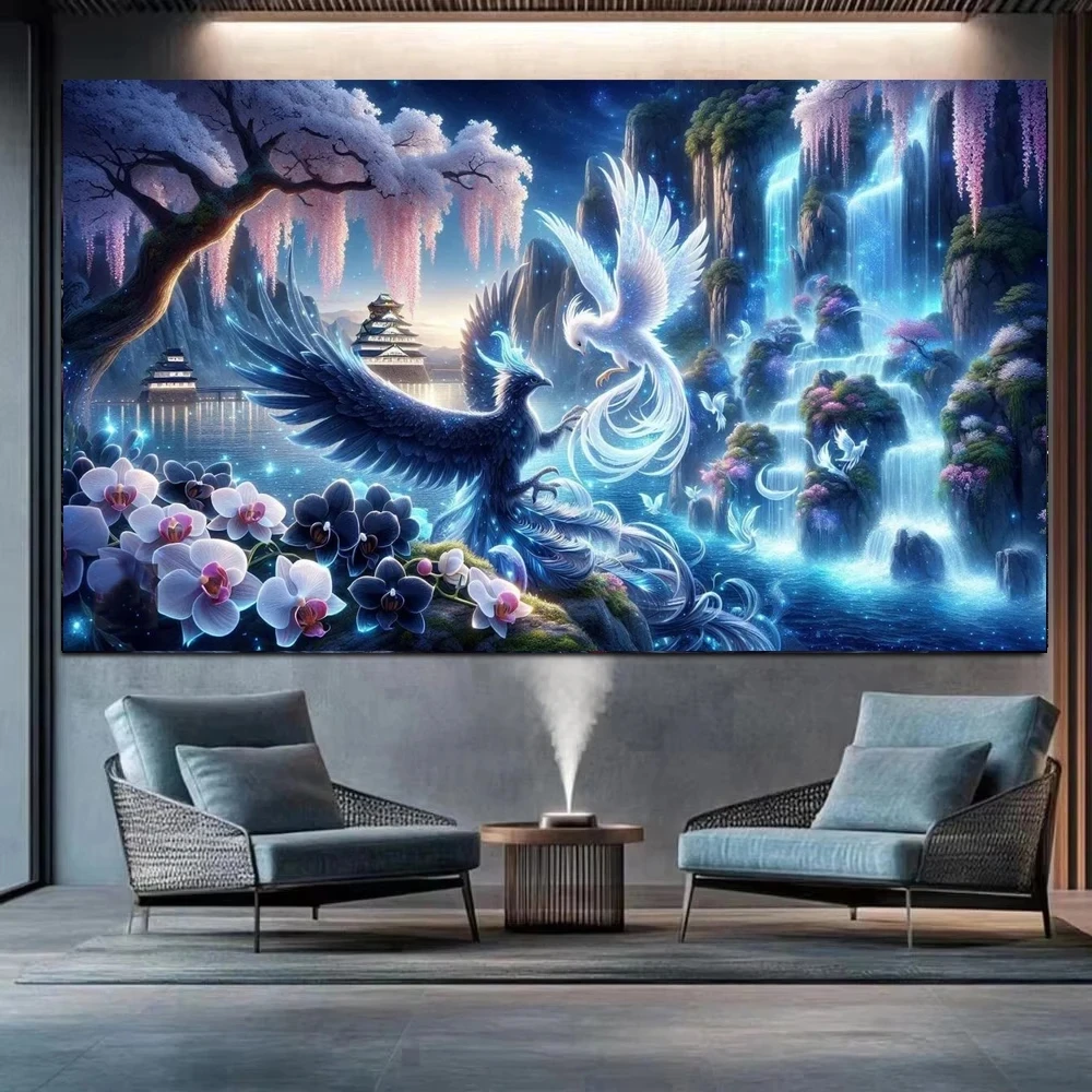 

Фэнтези-лес, Феникс, водопад, магнолия, новинка 2026, большой размер, полная алмазная живопись, сделай сам, вышивка, алмазная художественная мозаика для декора