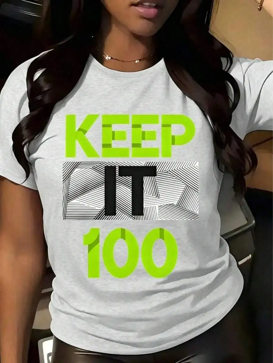 

Womens Keep It 100 Graphic Tee Neon Green Bold Print Casual Crewneck Short Sleeve
