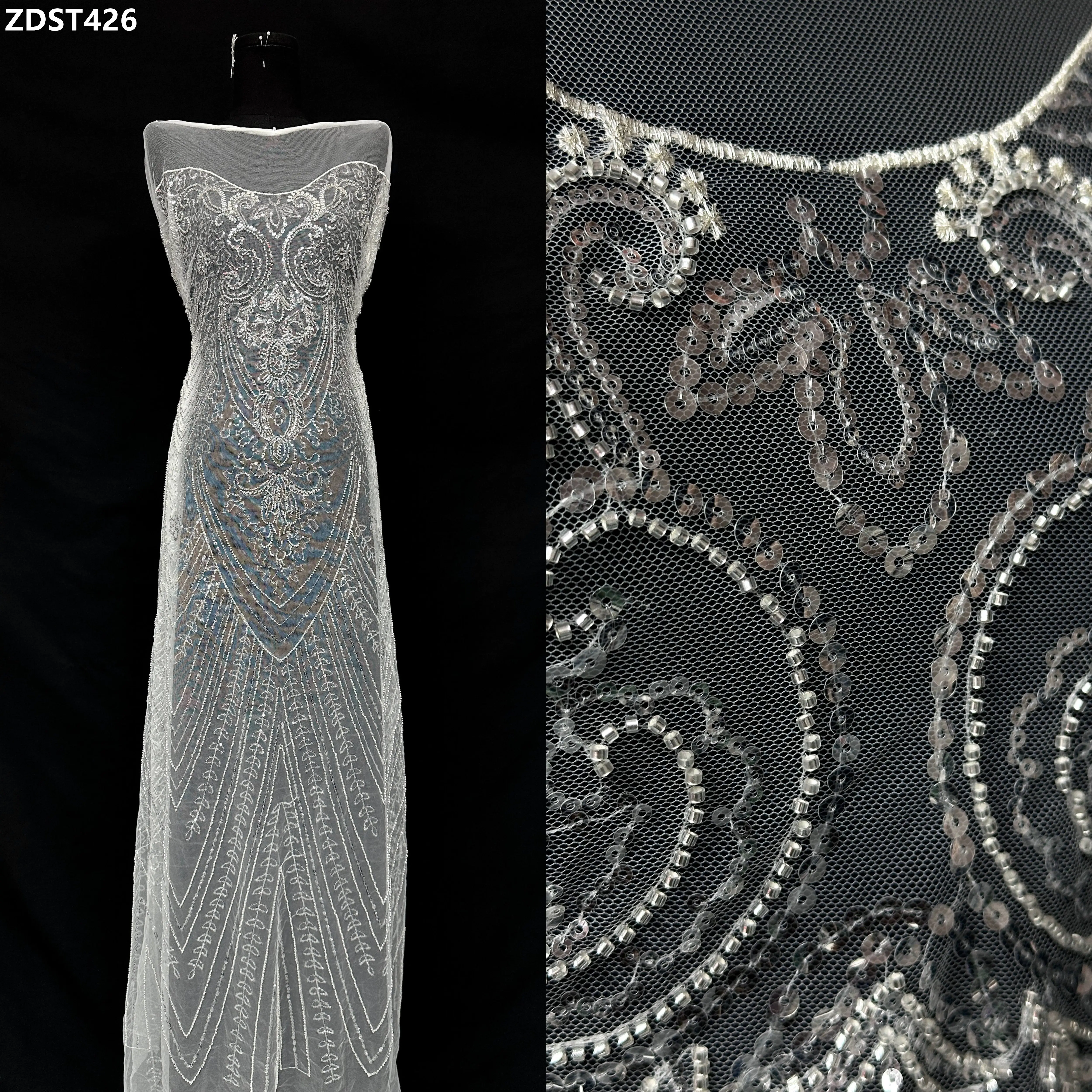 

European French Bridal Elegant Wedding Sequin Beads Mesh Fabric Luxury Beaded Embroidery French Tulle Lace for African