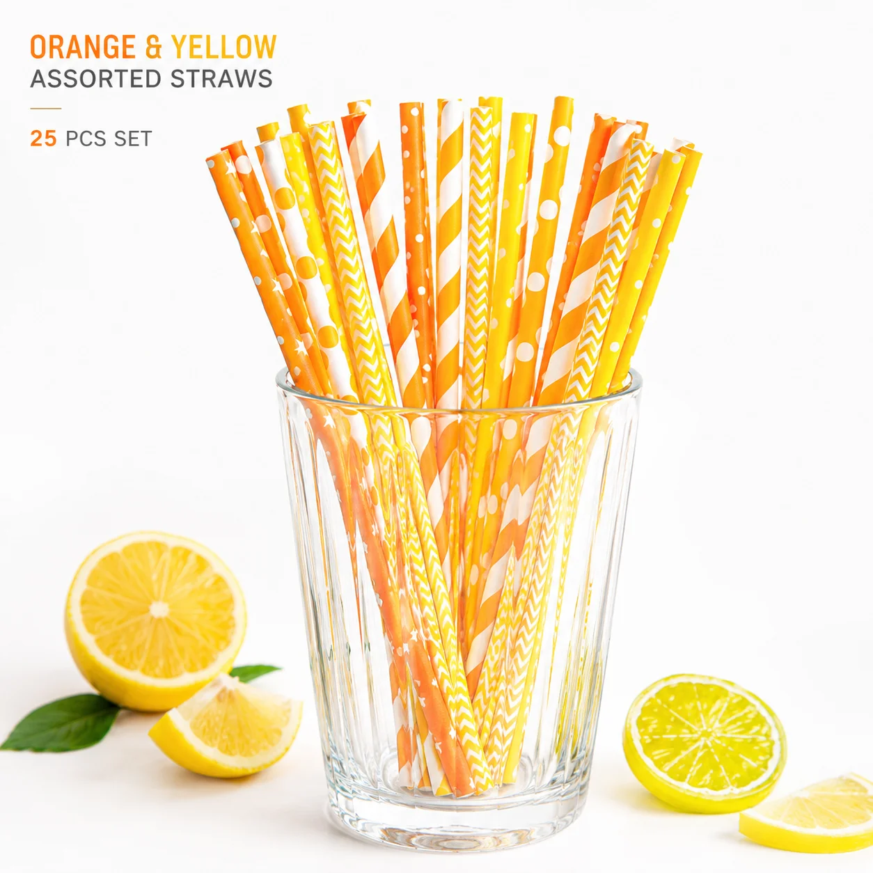 25pcs Orange & Yellow Patterned Paper Straws, Disposable Eco-friendly Drinking Straws for Party