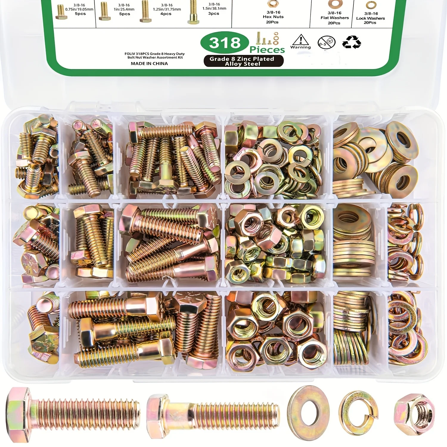 

318/608pcs Grade 8 Heavy Duty Nuts and Bolts Assortment Kit, 1/4-20, 5/16-18, 3/8-16 Hex Bolts Nuts Washers Assortment Kit