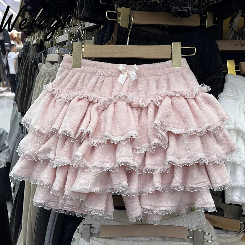 

Kawaii Sweet Pink Bow Coral Fleece Puffy Skirt Autumn and Winter Lolita Cute Girl Lace Splicing High Waist Short Cake Skirts