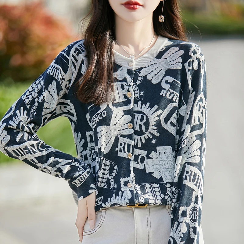 2024 Spring/Autumn New Women\'s Day Silk Print Flower Knitted Crewneck Cardigan Fashion American Vintage Sweater Cardigan Blouse