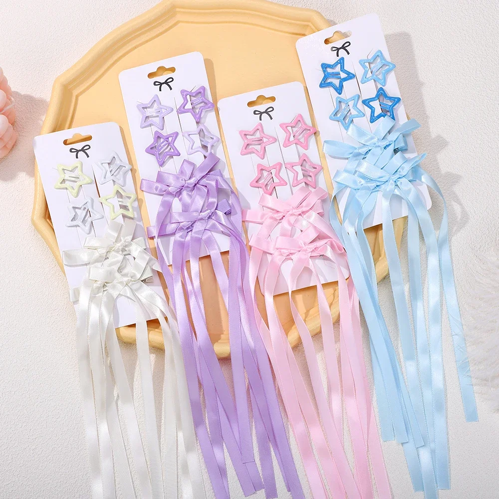 

6pcs/set Y2k Star Snap Hair Clips with Long Ribbon Bowknot Barrettes for Women Girls Double Ponytail Headwear Hair Accessories