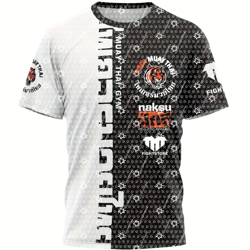 Unisex Muay Thai Boxing Sports T-Shirt Black White Split Design Tiger Graphic Short Sleeve Breathable Training Athletic Tee