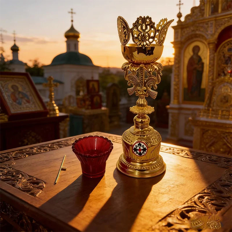 

Позолоченная православная лампада с эмалевыми узорами и красным стеклянным стаканом для церковной литургии, домашнего алтаря, молитв и посвящений, христианская.