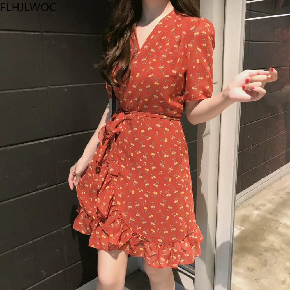 V Neck Dresses Women Japan Korean Design Short Sleeve Cute Sweet Girls Slim Waist Belt Bow Tie Floral Printed Chiffon Dress