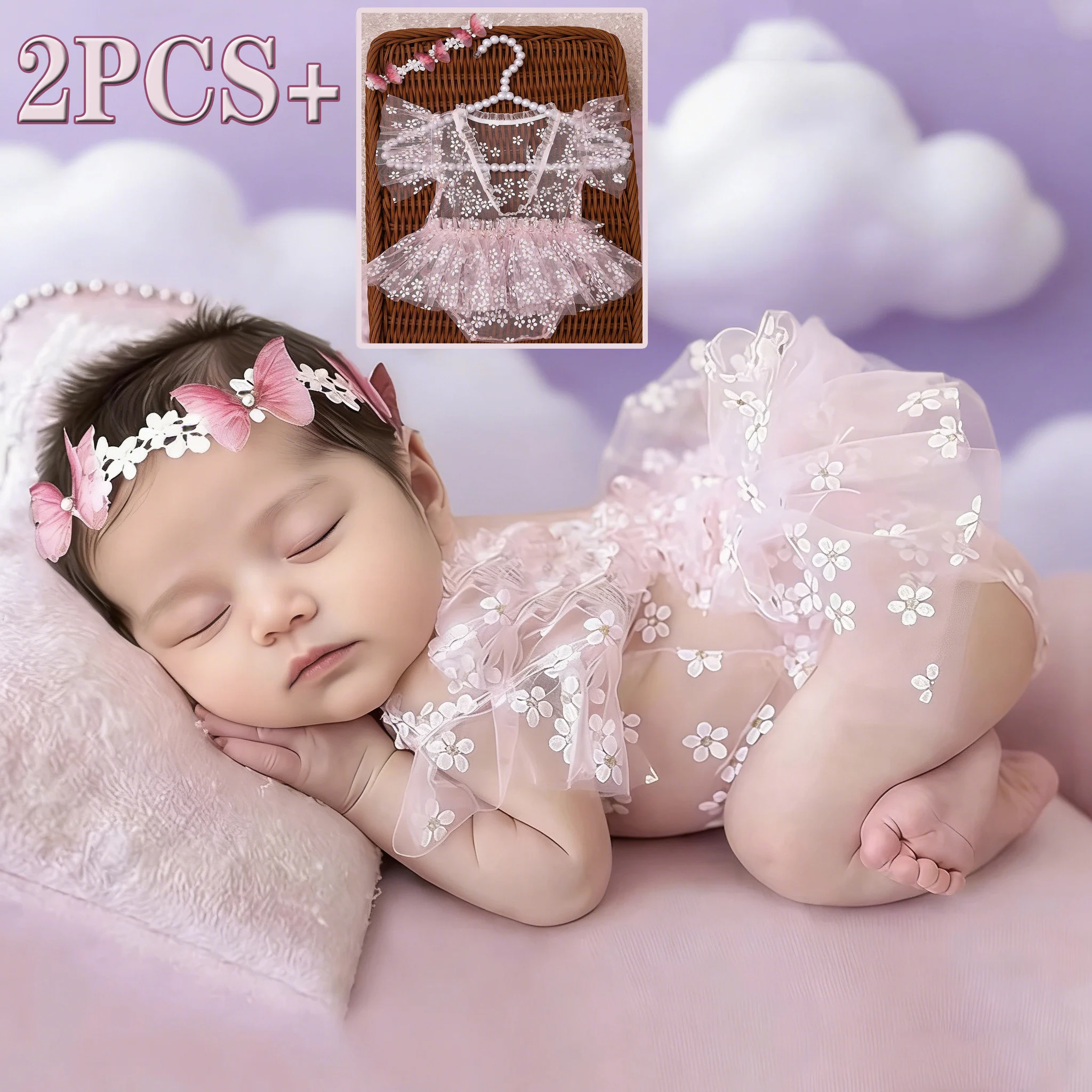 

Комплект из 2 предметов: пыльно-розовый кружевной комбинезон для новорожденных для фотосессии, пышный сетчатый кружевной наряд для фотосъемки с повязкой на голову