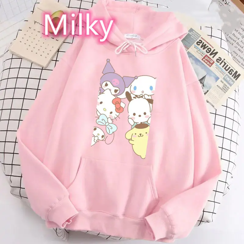 Women Hello Kitty Sweatshirt Hooded Kawaii My Melody Kuromi Cinnamoroll Long Sleeve Warm Spring Autumn Pompompurin Hoodies