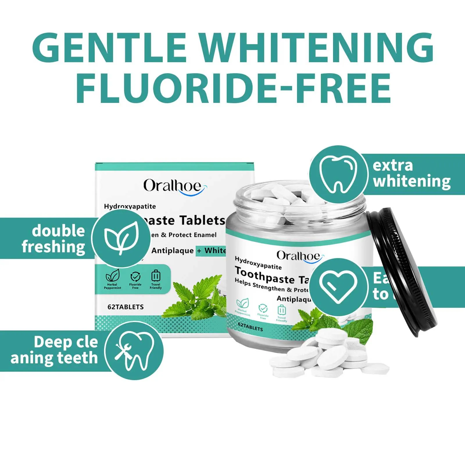 Mint flavored chewable toothpaste tablets improve bad breath, remove smoke stains, and refresh oral hygiene. 62 tablets