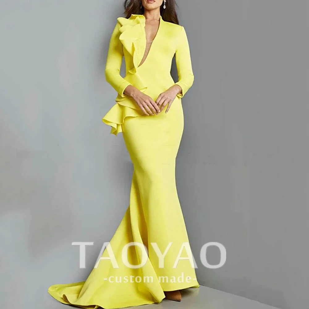 

Yellow Satin Mermaid Floor Length Evening Dress V-Neck and Long Sleeves with Ruffles Customized For Women Banquet Gowns 2024