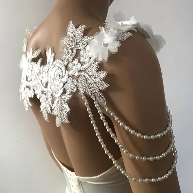 Veste Élégante en Dentelle pour Patients, avec Perles Appliquées, Accessoires Ronds pour Robe de Mariée, sur Mesure