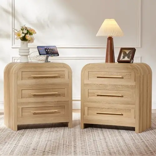 Oak Night Stand Set 2 with Charger, Curved 3 Drawers Nightstand | with Metal Handle, 22