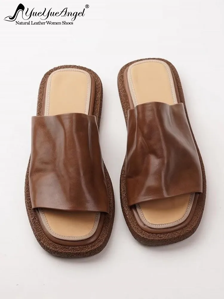 Female Concise Style Genuine Leather Solid Color Slippers Summer Hot Sale Low Heel Flat Comfortable Handmade Cowhide Footwear