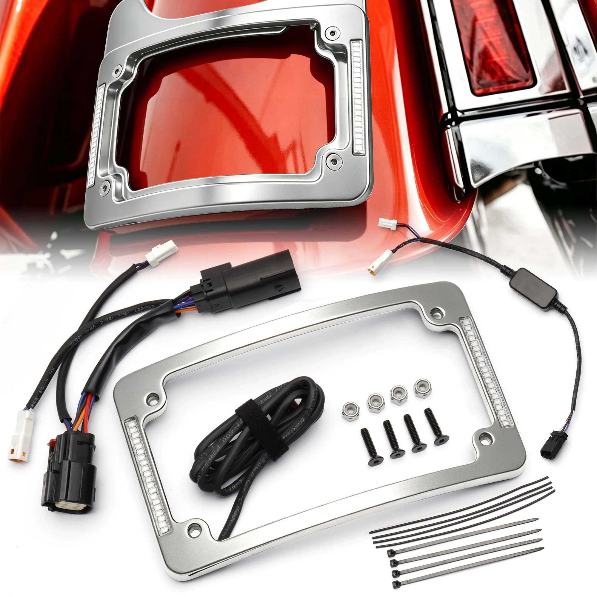Chrome/Black License Plate Frame LED Light Turn Signal for Harley Road Glide & Street Glide & Road King 2015-2023 Number Plate