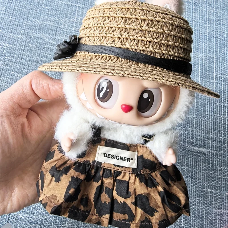 ملابس الدمية الصغيرة إكسسوارات الزي لـ 15-17 سنتيمتر Ropa Labubu و10 سنتيمتر دمية القطن ليوبارد طباعة تنورة قبعة حذاء الملابس