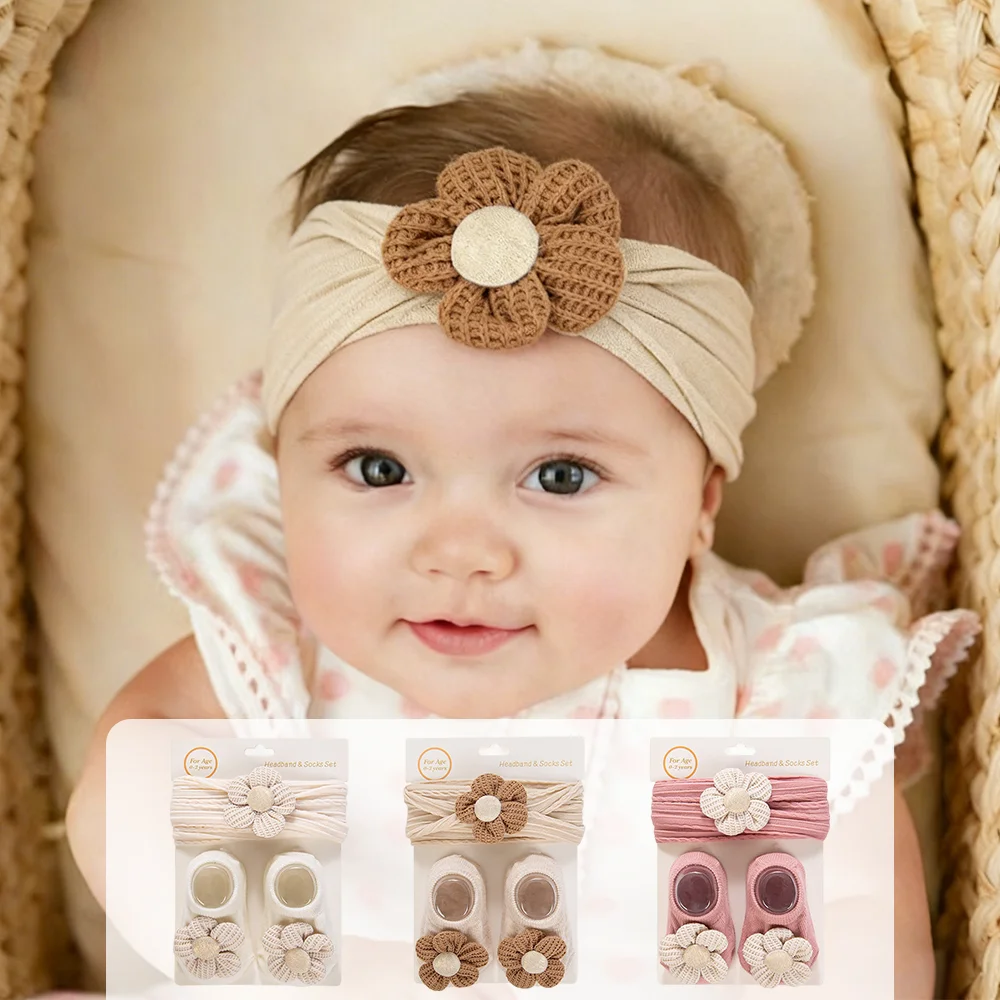 2Pcs/Set Ins Waffle Blossom Flower Nylon Headbands Non-Slip Short Cotton 0-12M Socks Stockings Elastic Hair Bands Headwear