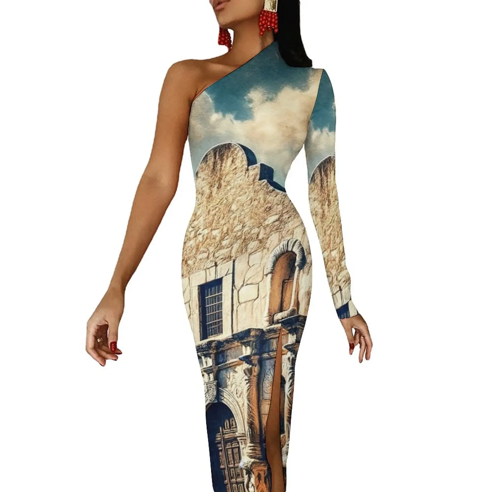 산 안토니오 미션과 알라모 하프 슬리브 스플릿 원피스 긴 베일 드레스, 한국 스타일 