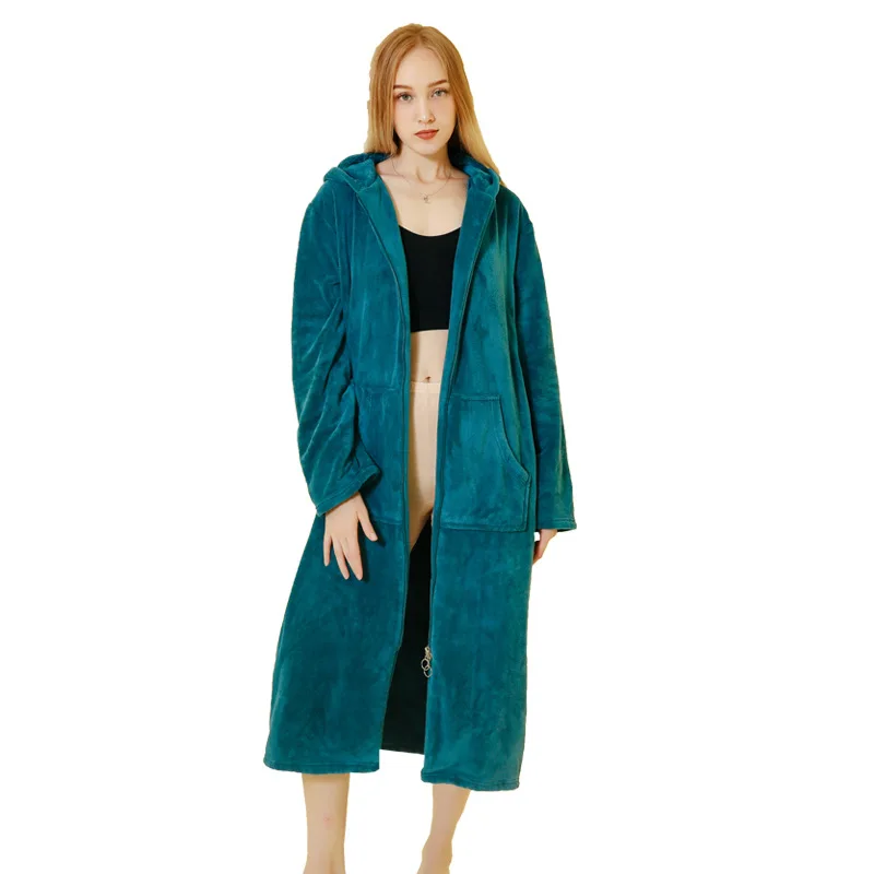 

Women's Thickened Extended Coral Fleece Nightwear 2023 New Autumn Winter Zipper Nightgown Couple Flannel Warm Homewear Sleepwear