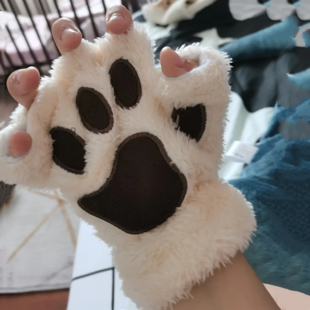 Women Cute Plush Cat Claw Paw Gloves For Girl Novelty Hand Warmer Flip Half Finger Gloves Winter Warm Fingerless Bear Cat Gloves