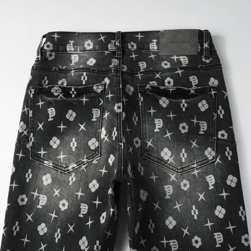 Fashionable new black and gray men's jeans with print, washed water, nostalgic stretch, slim fit, retro jeans, high street hip-h