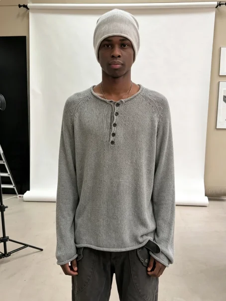 Grey Roll‑Edge Button Crew‑Neck Long‑Sleeve Knit Sweater