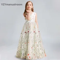 Flower Girl Dress Floor Length Embroidered Tulle Tutu Open Back Wedding Toddler Dress First Communion Gown Birthday Party bow