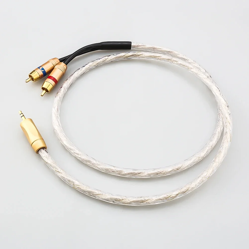 HI-End posrebrzany kabel Audio 3.5mm męski do 2 RCA męski Audio aux Stereo Y kabel rozgałęziający