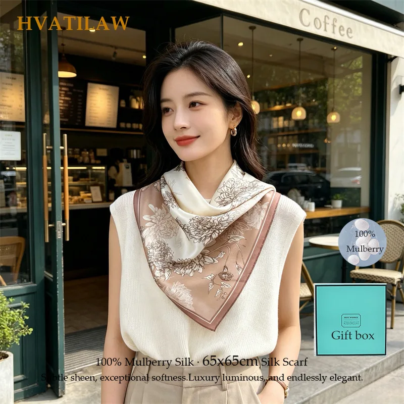 

100% Real Silk Scarf 65x65cm Small Square Silk Neckerchief for Women Luxury Vintage Neck Scarf Hair Bandana Shawl Wrap Gift Box