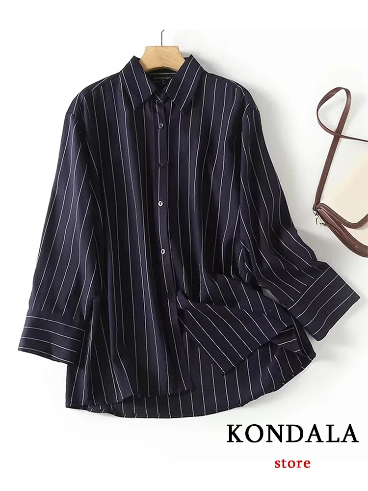 KONDALA Vintage Women Blouse Striped Long Sleeve Turn-down Collar Single Breasted Loose Blouse Fashion 2023 Summer Office Shirts