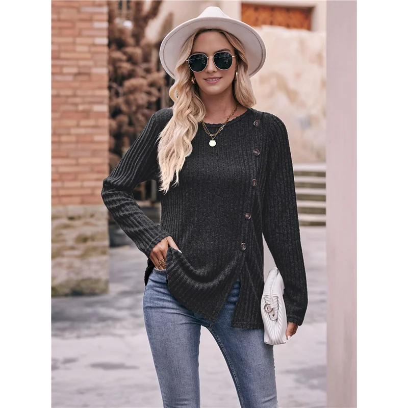 

CGS-Long Sleeve Tops For Women Tunics Buttons Front Slit