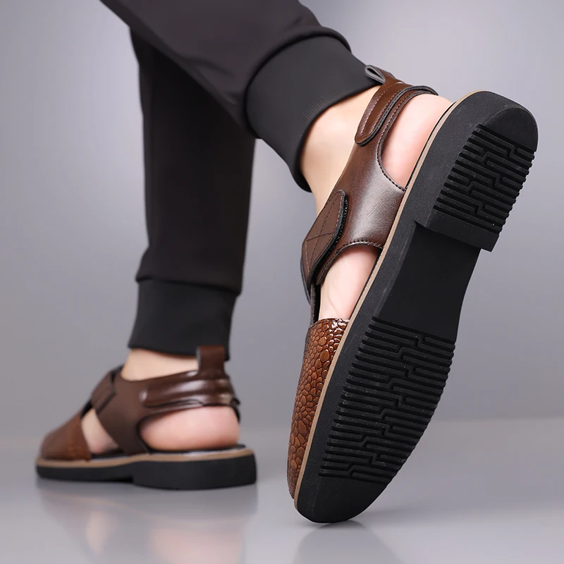 male dress sandals Men's Buckle peep Toe Leather Sandals Casual Business Dress Party Work Shoes